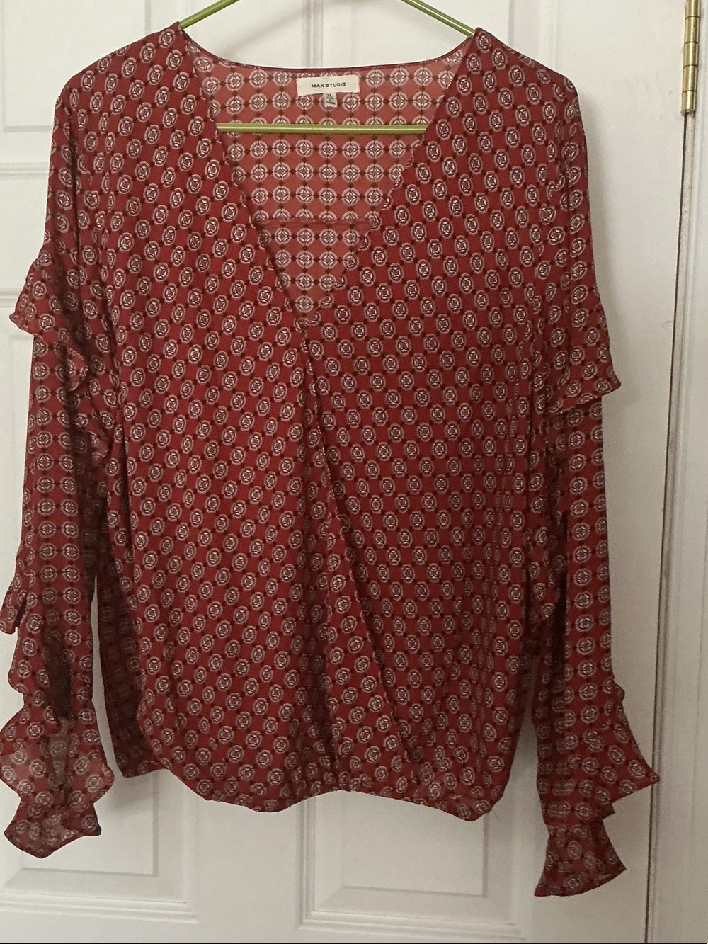 Max Studio Rust Printed Ruffle-Sleeve Blouse